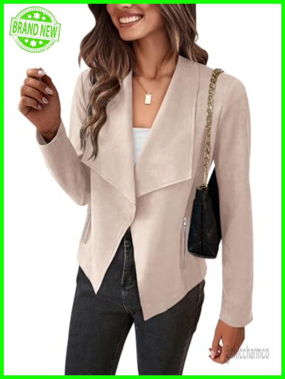 Faux Suede Cropped Jacket Womens Waterfall Collar Open Front Long Sleeve